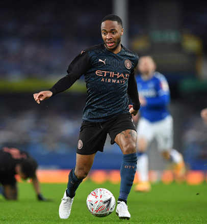 Manchester City’s English midfielder Raheem Sterling runs with the ball against Everton during their English FA Cup quarter-final match in Liverpool, England, on Saturday (AFP photo by Paul Ellis)