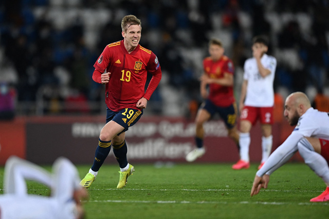 Spain’s forward Daniel Olmo celebrates after scoring the team’s second goal during the FIFA World Cup Qatar 2022 qualification football match Georgia v Spain in Tbilisi on Sunday (AFP photo)