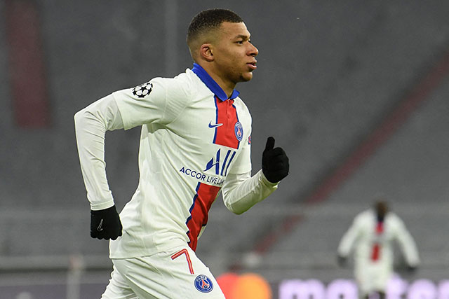 Paris Saint-Germain's French forward Kylian Mbappe celebrates scoring against Bayern Munich during their UEFA Champions League quarter-final first leg match in Munich, Germany, on Wednesday (AFP photo by Christof Stache)