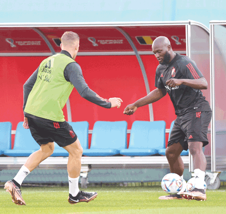 Belgium’s forward Romelu Lukaku (left) takes part in a training session of his team during the Qatar 2022 World Cup tournament at the Salwa Training Site in Salwa Beach on Tuesday (AFP photo by Jack Guez)