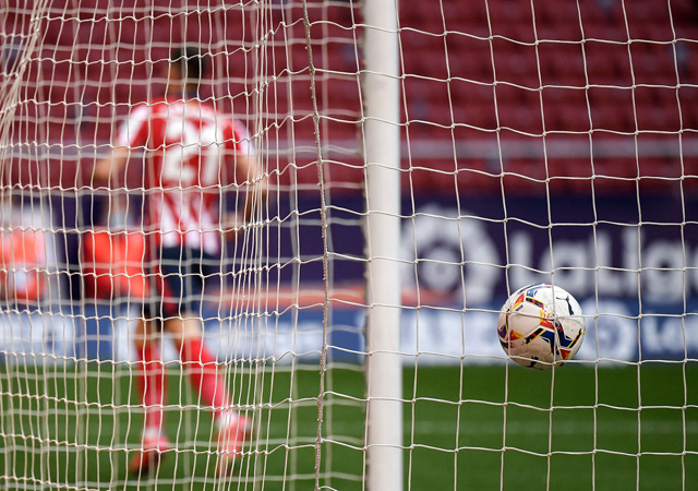 Atletico Madrid’s Belgian midfielder Yannick Ferreira-Carrasco celebrates after scoring a goal against Eibar during their Spanish League match in Madrid on Sunday  (AFP photo by Oscar Del Pozo)
