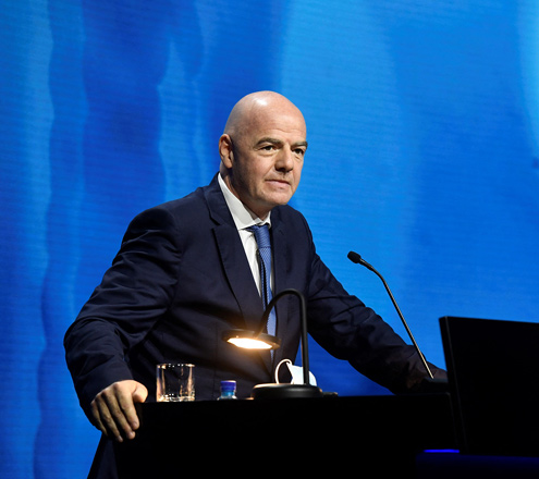 FIFA president Gianni Infantino blasts the proposed European Super League while addressing the UEFA Congress in Montreux on Tuesday  (AFP photo by Richard Juilliart)