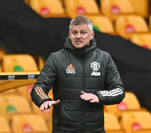 Manchester United’s manager Ole Gunnar Solskjaer reacts against the Wolverhampton Wanderers during their English Premier League match in Wolverhampton on Sunday (AFP photo by Andy Rain)