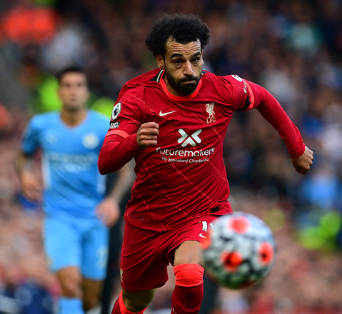 Liverpool’s Egyptian midfielder Mohamed Salah runs for the ball against Manchester City during their English Premier League match in Liverpool on Sunday (AFP photo by Paul Ellis)