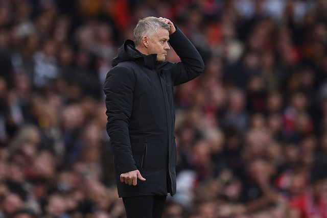 Manchester United’s Norwegian manager Ole Gunnar Solskjaer gestures on the touchline against Liverpool during their English Premier League match in Manchester on Sunday (AFP photo by Oli Scarff)