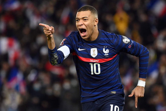 France’s forward Kylian Mbappe celebrates after scoring against Kazakhstan during their FIFA World Cup 2022 qualification match in Paris on Saturday (AFP photo by Franck Fife)