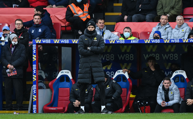 Chelsea’s German head coach Thomas Tuchel reacts against Crystal Palace during their English Premier League match in London on Saturday (AFP photo by Glyn Kirk)