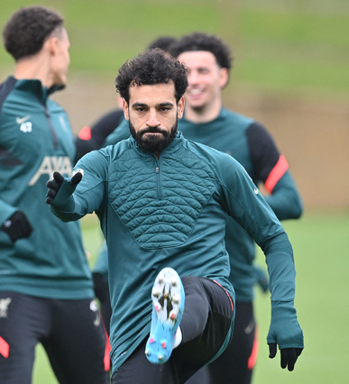 Liverpool’s Egyptian midfielder Mohamed Salah takes part in a training session at the Liverpool FC training ground in Liverpool, England, on Monday (AFP photo by Paul Ellis)