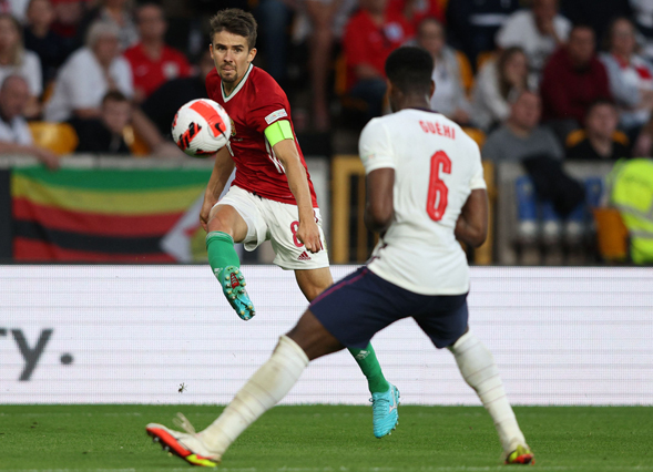 Hungary’s midfielder Adam Nagy crosses the ball against England during their UEFA Nations League, league A Group 3 match in Wolverhampton, England, on Tuesday (AFP photo by Adrian Dennis)