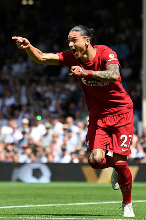 Liverpool’s Uruguayan striker Darwin Nunez celebrates after scoring against Fulham in their English Premier League in London on Saturday (AFP photo by Justin Tallis)