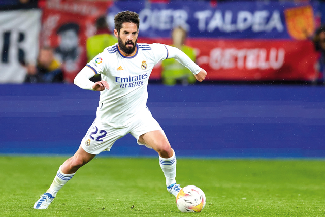 Isco during the La Liga Santander match between CA Osasuna and Real Madrid CF at Estadio El Sadar on April 20 (AFP photo by Ion Alcoba)