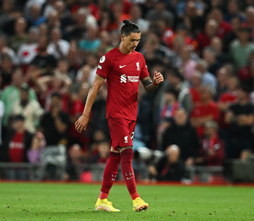 Liverpool’s Darwin Nunez reacts as he leaves the pitch against Crystal Palace after being sent off by the referee during their English Premier League match in Liverpool on Monday  (AFP photo by Paul Ellis)