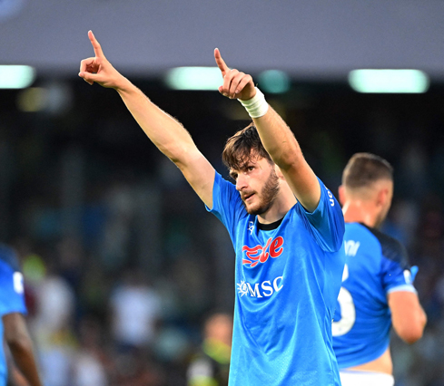 Napoli’s Georgian forward Khvicha Kvaratskhelia celebrates after scoring against Monza during their Italian Serie A match in Naples on Sunday (AFP photo by Alberto Pizzoli)