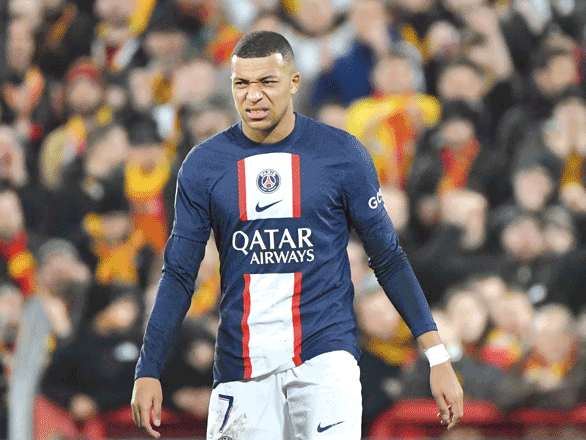 Paris Saint-Germain’s French forward Kylian Mbappe reacts against RC Lens during their French L1 match in Lens on Sunday (AFP photo by Francois Lo Presti)