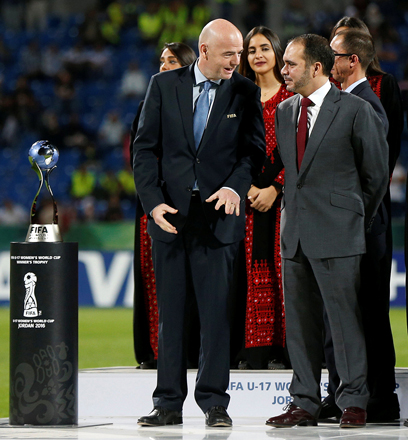  HRH Prince Ali, president of the Jordanian Football Association, speaks to FIFA President Gianni Infantino (left) during the closing ceremony of U-17 Women’s World Cup in Amman on Friday (Reuters photo by Muhammad Hamed)