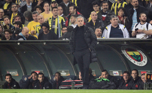 Head coach of Manchester United Jose Mourinho is seen during their UEFA Europa League Group A football match against Fenerbahce in Istanbul, Turkey, on Thursday (Anadolu Agency photo by Ahmet Duman)