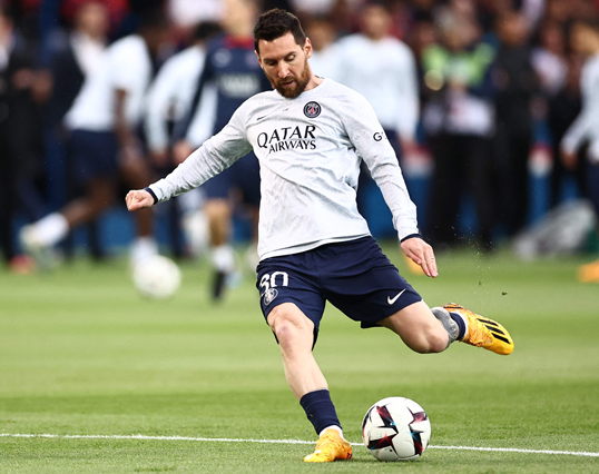 Paris Saint-Germain’s Argentine forward Lionel Messi takes a free kick against Ajaccio during their French L1 match in Paris on Saturday (AFP photo by Franck Fife)