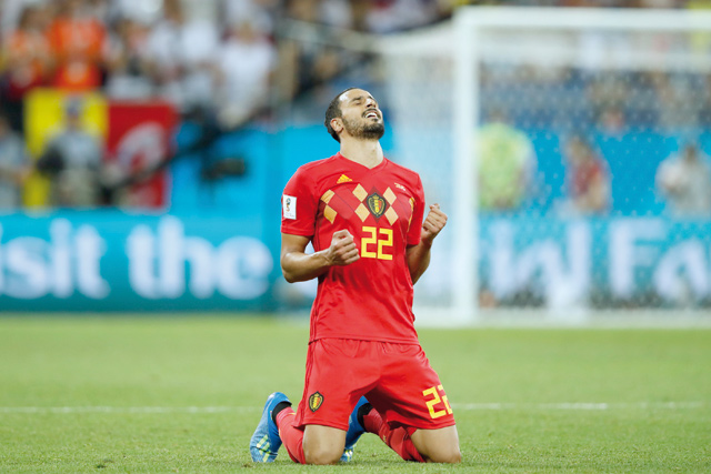 Belgium’s midfielder Nacer Chadli celebrates after scoring against  Japan during the 2018 World Cup round of 16 football match in Rostov-On-Don on Monday (AFP photo by Odd Andersen)