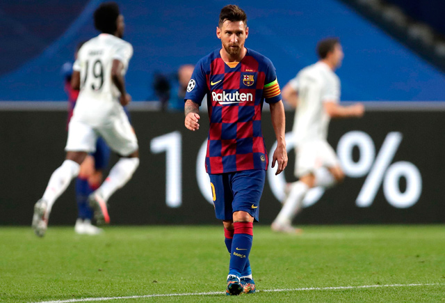 Barcelona’s Argentinian forward Lionel Messi reacts against Bayern Munich during their UEFA Champions League quarter-final match in Lisbon on Friday (AFP photo by Manu Fernandez)