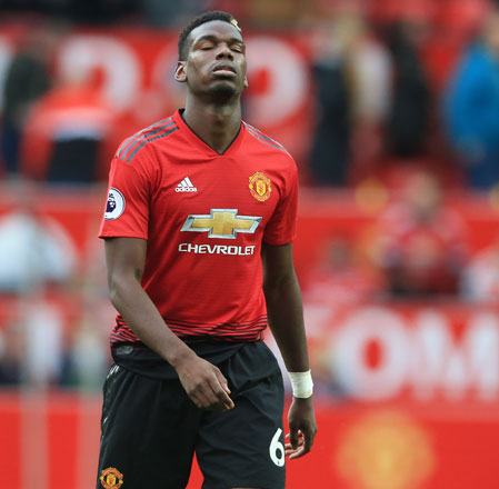 Manchester United’s French midfielder Paul Pogba reacts after the English Premier League football match against Wolverhampton Wanderers in Manchester on Saturday (AFP photo by Lindsey Parnaby)