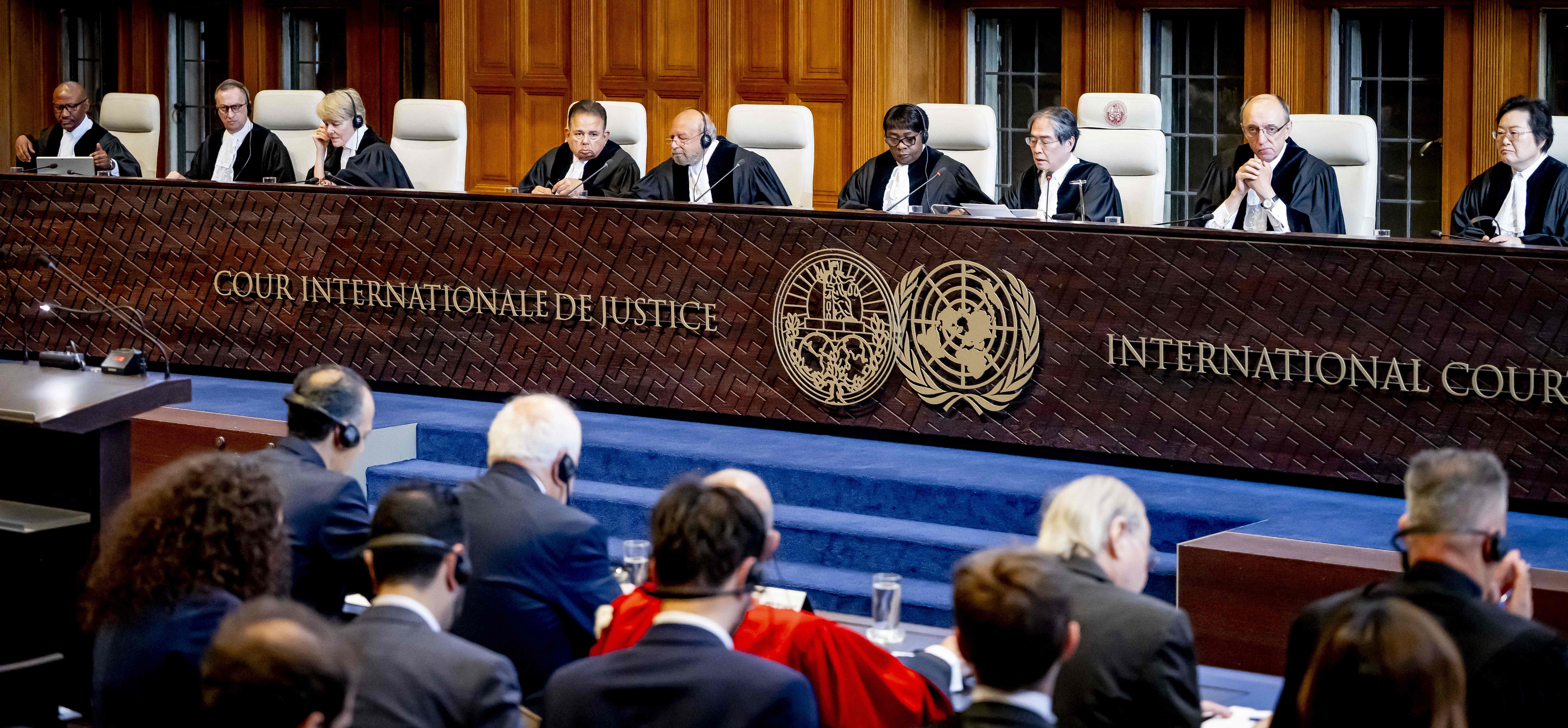 This photograph shows a general view of the International Court of Justice during an interrogation on Israel's humanitarian obligations towards Palestinians at the International Court of Justice, in The Hague on April 28, 2025 (AFP photo)