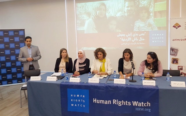 Women rights advocates and Human Rights Watch representatives meet the press to release a report on non-Jordanian children of Jordanian mothers in Amman on Tuesday (Photo by Rana Husseini)