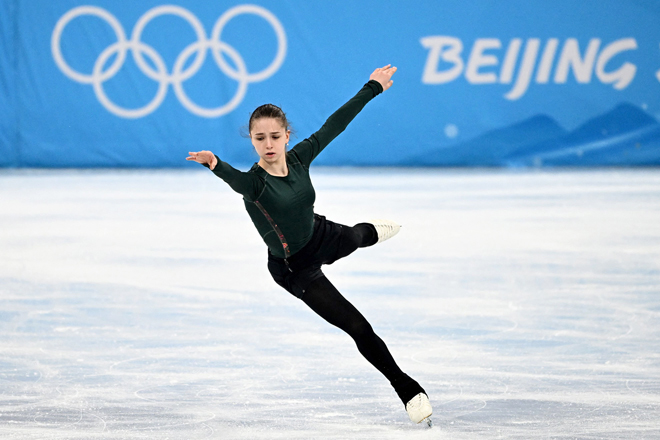 Russia’s ice skater Kamila Valieva trains at the Winter Olympics in Beijing on February 11  (AFP photo byAnne-Christine Poujoulat)