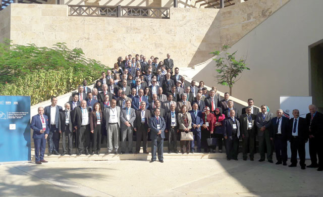 Participants at the 15th International Electoral Affairs Symposium pose for a group photo at the Dead Sea on Monday (Photo by Camille Dupire)