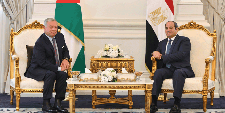 His Majesty King Abdullah and Egypt President Abdel Fattah Al Sisi discuss bilateral ties in New El Alamein City on Monday (Photo courtesy of Royal Court)
