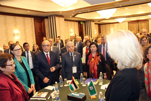 HRH Princess Sumaya Bint Hasan( centre) accompanied with Professor Hani Hayajneh( third from left) and President of Yarmouk University Zeidan Kafafi( forth from left) iat the opening of the conference on Tuesday (Photo courtesy of Yarmouk University)