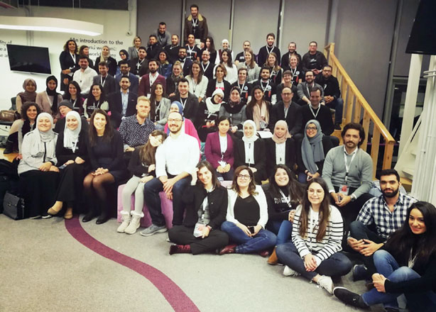 Participants from Lebanon, Egypt, France and Austria, among other countries, pose for a group  photo at King Hussein Business Park in Amman on Sunday (Photo courtesy of MITEF)