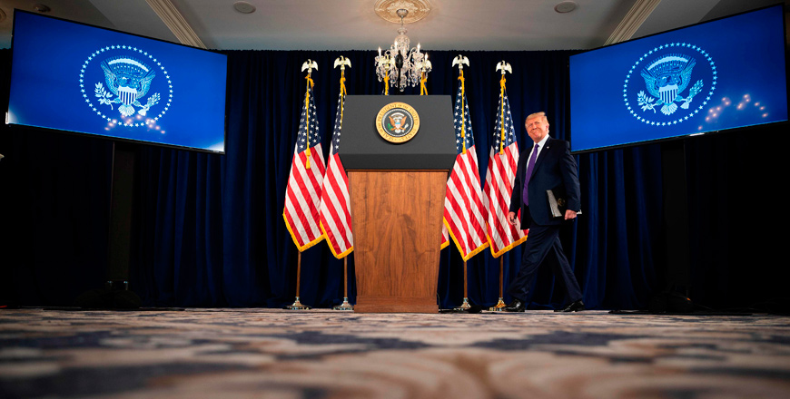 US President Donald Trump arrives to speak at a press conference in Bedminster, New Jersey, on Saturday (AFP photo)