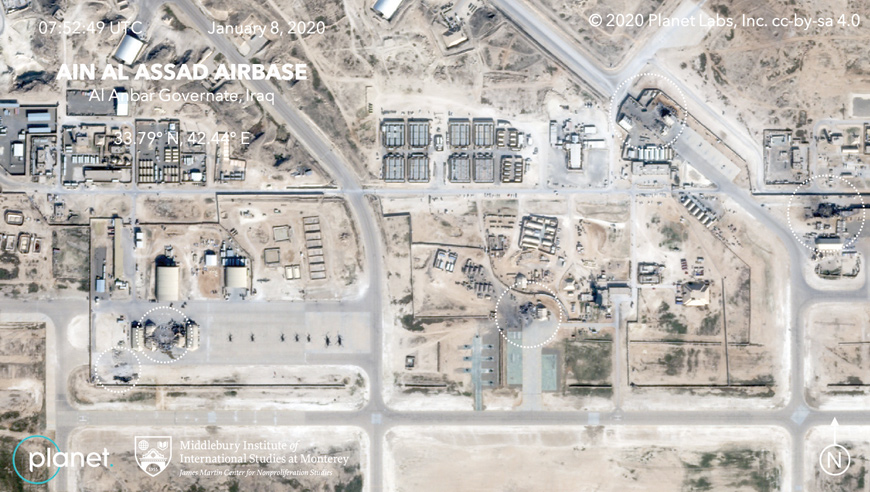 This January 8, satellite image released by Planet Labs Inc., and annotated analysis by Middlebury Institute of International Studies at Monterey, reportedly shows damage to Ain Al Asad US airbase in western Iraq, after being hit by rockets from Iran (AFP photo)