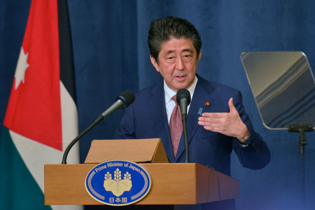 Japanese Prime Minister Shinzo Abe speaks during a press conference on Tuesday (Photo by Amjad Ghsoun)
