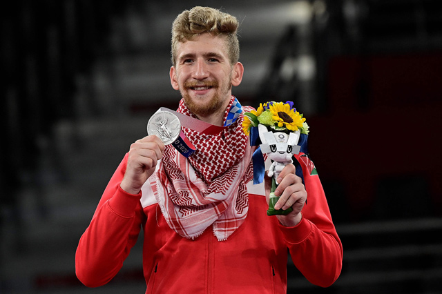 Silver medallist Jordan’s Saleh Al Sharabaty poses on the podium after the taekwondo men’s -80kg bouts during the Tokyo 2020 Olympic Games in Tokyo on Monday (AFP photo by Javier Soriano)