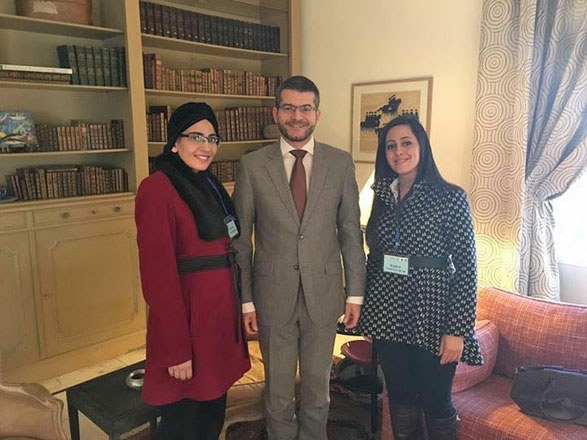 French Ambassador to Jordan David Bertolotti receives two Jordanian trainees returning from an internship in French judicial courts (Photo courtesy of JIJ)