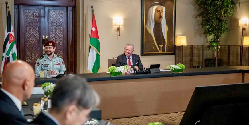 His Majesty King Abdullah on Wednesday says during a meeting with investors, attended by HRH Crown Prince Hussein, that attracting foreign investments is a priority for the Jordanian economy, and that the Kingdom is keen to facilitate business operations for investors and their projects  (Photo courtesy of Royal Court)