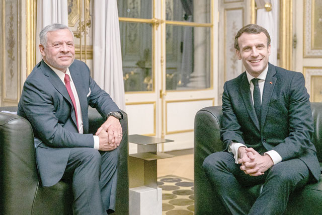 His Majesty King Abdullah holds talks with French President Emmanuel Macron in Paris on Wednesday (Photo courtesy of Royal Court)