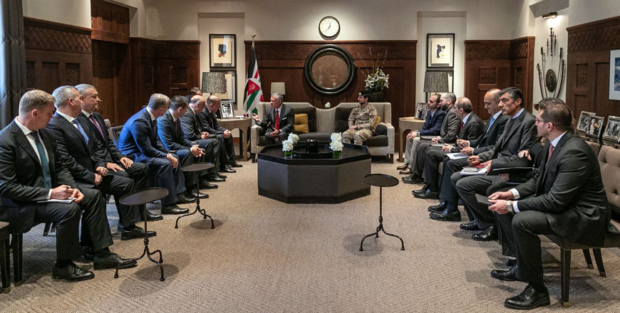 His Majesty King Abdullah, accompanied by HRH Crown Prince Hussein, meets with Head of the Republic of Adygeya in the Russian Federation Murat Kumpilov at Al Husseiniya Palace on Sunday (Photo courtesy of Royal Court)