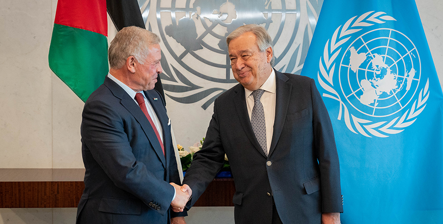 His Majesty King Abdullah meets UN Secretary-General António Guterres at the United Nations headquarters in New York, and warns of the repercussions of the dangerous escalation in the region  (Photo courtesy of Royal Court)