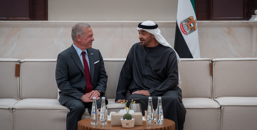 His Majesty King Abdullah  is received by United Arab Emirates President Sheikh Mohamed bin Zayed Al Nahyan at Al Bateen Executive Airport in Abu Dhabi  (Photo courtesy of Royal Court)