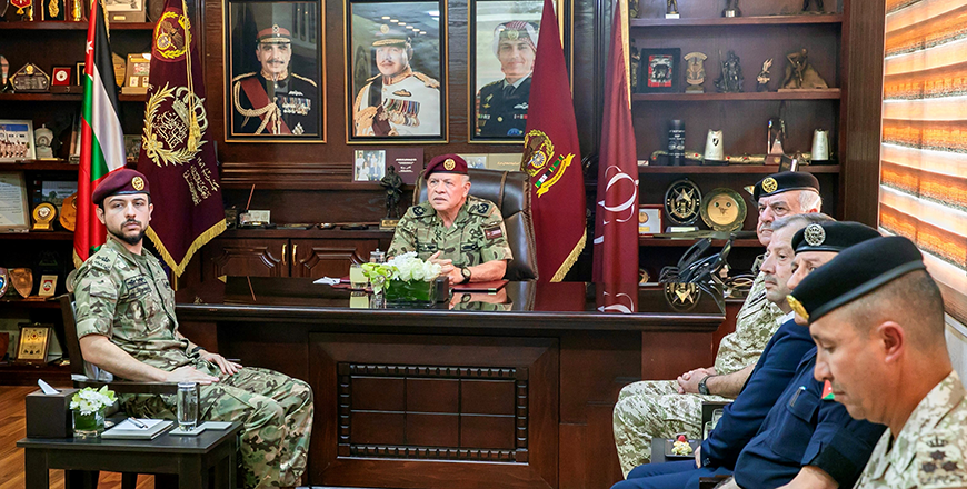 His Majesty King Abdullah, the Supreme Commander of the Jordan Armed Forces-Arab Army, accompanied by HRH Crown Prince Hussein, visits the King Abdullah II Royal Special Forces Group Command  (Photo courtesy of Royal Court)