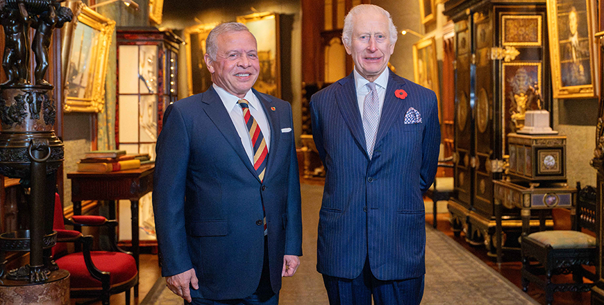His Majesty King Abdullah  and King Charles III of the United Kingdom hold a meeting at Windsor Castle which covered the deep-rooted ties between the two countries and and means of bolstering ties across all sectors (Photo courtesy of Royal Court)