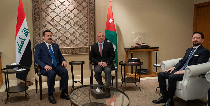 His Majesty King Abdullah, accompanied by HRH Crown Prince Hussein, receives Iraq Prime Minister Mohammed Al Sudani to discuss current developments in the region  (Photo courtesy of Royal Court)