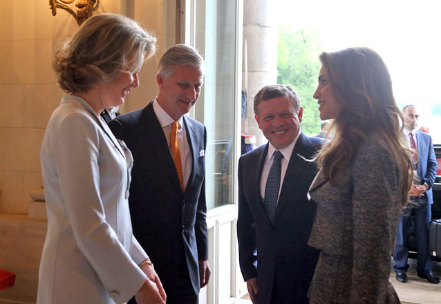 Their Majesties King Abdullah and Queen Rania are greeted by King Philippe and Queen Mathilde of Belgium in Brussels on Tuesday (Photo courtesy of Royal Court)