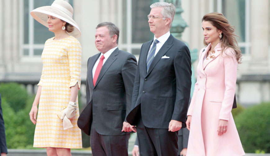 Their Majesties King Abdullah and Queen Rania are received by King Philippe and Queen Mathilde of Belgium in Brussels on Wednesday (Photo courtesy of Royal Court)