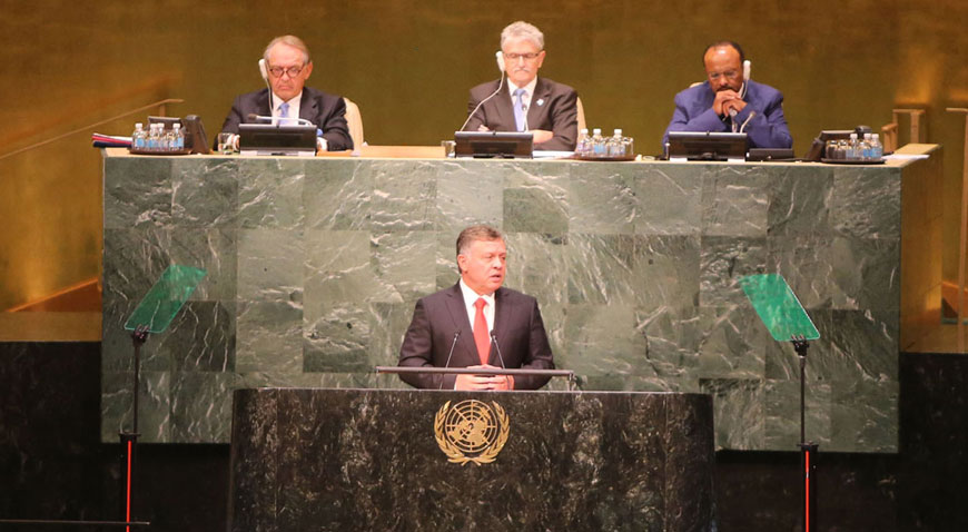 His Majesty King Abdullah addresses the UN General Assembly’s plenary meeting in New York on Monday (Photo courtesy of Royal Court)