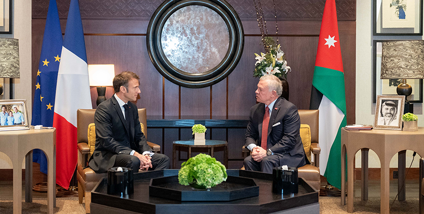 His Majesty King Abdullah, during a meeting with France President Emmanuel Macron at Al Husseiniya Palace, affirms that stopping the war on Gaza is an absolute necessity that the world must immediately move to address (Photo courtesy of Royal Court)
