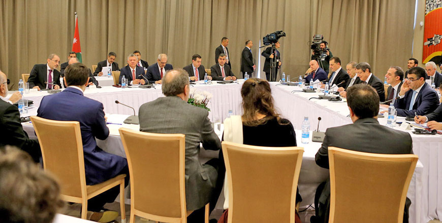 His Majesty King Abdullah hold talks with Cypriot President Nicos Anastasiades and Greek Prime Minister Alexis Tsipras in Nicosia on Tuesday (Photo courtesy of Royal Court)