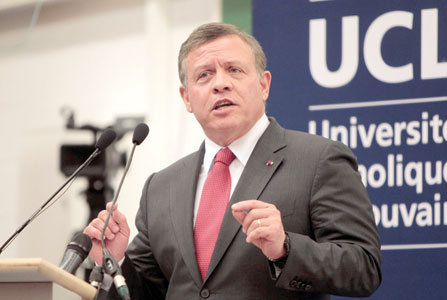 His Majesty King Abdullah speaks at the Centre of Interdisciplinary Studies of Contemporary Islam at the Catholic University in Louvain-la-Neuve in Belgium on Wednesday  (Photo courtesy of Royal Court)